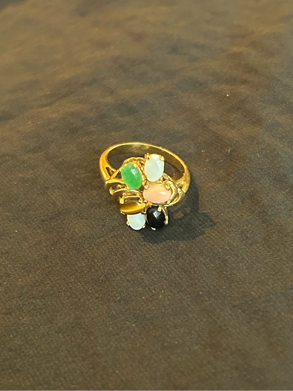 Gold Tone Multi-Stone Cocktail Ring with Green, Pink, White, and Black Accents